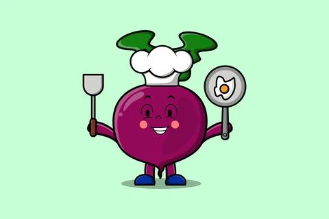 Cute cartoon Beetroot chef holding pan and spatula Stock Illustration