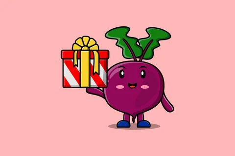 Cute cartoon Beetroot coming out from big gift box Stock Illustration