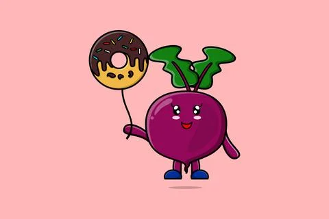 Cute cartoon Beetroot floating with donuts balloon イラスト素材