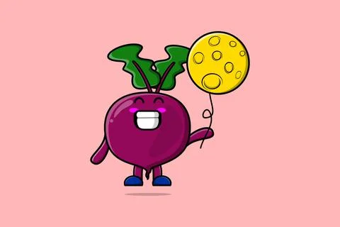 Cute cartoon Beetroot floating with moon balloon イラスト素材