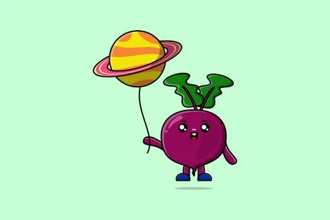 Cute cartoon Beetroot floating with planet balloon イラスト素材