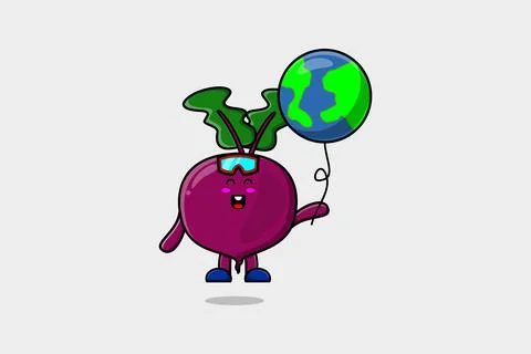Cute cartoon Beetroot floating with world balloon イラスト素材