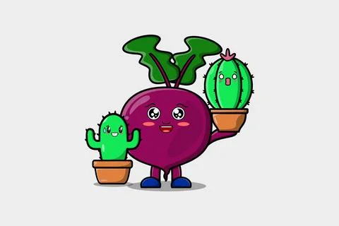 Cute cartoon Beetroot hold Beetroot plant in pot Stock Illustration