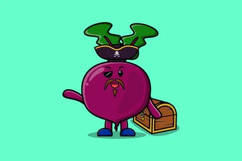 Cute cartoon Beetroot pirate with treasure box Stock Illustration