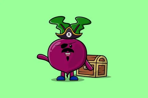 Cute cartoon Beetroot pirate with treasure box Stock Illustration