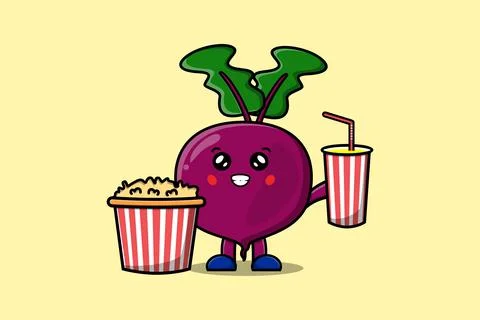 Cute cartoon Beetroot with popcorn and drink 스톡 일러스트