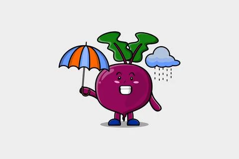 Cute cartoon Beetroot in rain using an umbrella Stockillustratie