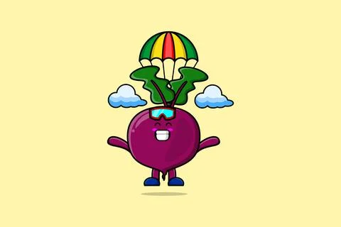 Cute cartoon Beetroot is skydiving with parachute Stockillustratie