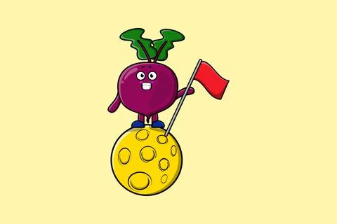 Cute cartoon Beetroot standing on moon with flag イラスト素材