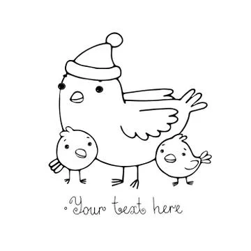 Cute cartoon Bird with chicks in the hat. Stock Illustration