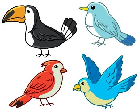 Cute Cartoon Bird Doodles Vector Illustration Set Stock-Illustration