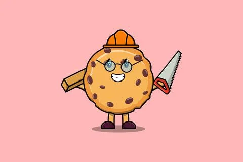 Cute cartoon Biscuits carpenter character with saw Stock Illustration
