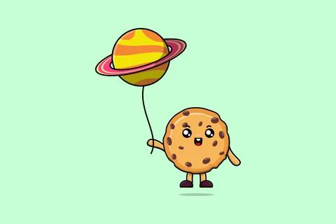 Cute cartoon Biscuits floating with planet balloon 스톡 일러스트