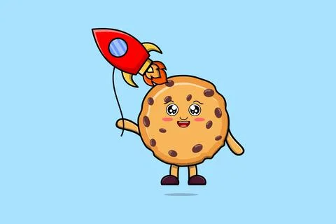 Cute cartoon Biscuits floating with rocket balloon Stock Illustration