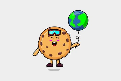 Cute cartoon Biscuits floating with world balloon Stock Illustration