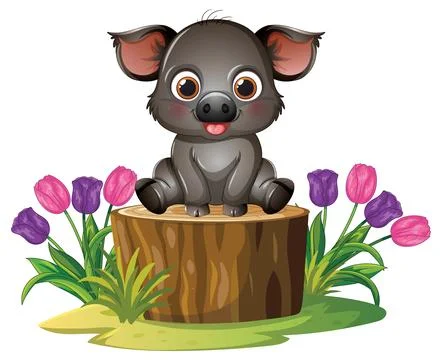 Cute Cartoon Boar Sitting on a Tree Stump with Tulips Stock Illustration