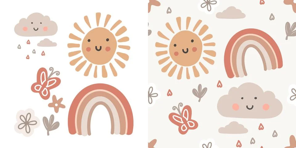 Cute cartoon boho nursery pattern. Vector print for wall decor in children Stock Illustration