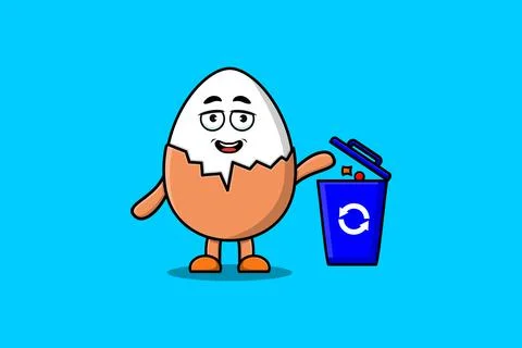 Cute cartoon Boiled egg throwing trash in trash Stock Illustration
