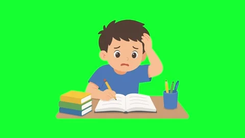 Cute cartoon boy confused studying at desk loop on green screen background .. Stock Footage 340382667