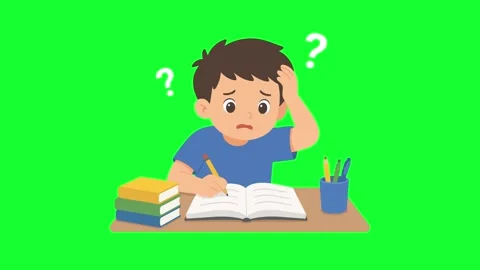 Cute cartoon boy confused studying at desk loop on green screen background .. Stock Footage 340382670