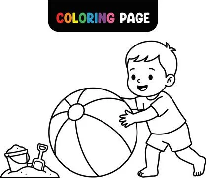 Cute Cartoon Boy Pushing a Large Beach Ball on the Sand. Illustrazione stock