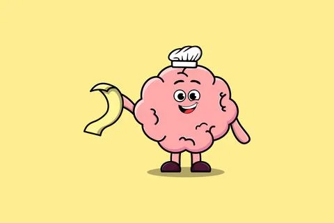 Cute cartoon Brain chef with menu in hand Stock Illustration