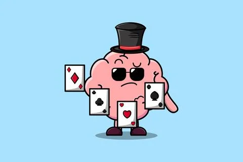 Cute cartoon Brain magician playing magic cards Stock Illustration