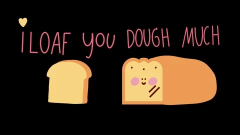 Cute cartoon bread character with I Loaf U Dough Much text Stock Footage 311364123