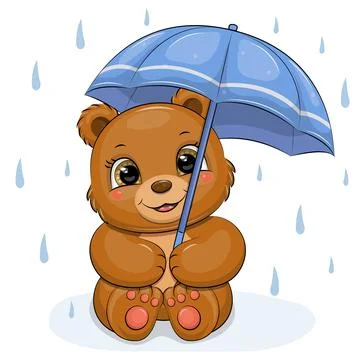 Cute cartoon brown bear with blue umbrella and rain. Stock Illustration