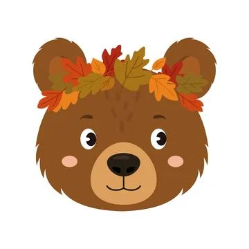 Cute cartoon brown bear face with autumn leaf wreath Stock Illustration