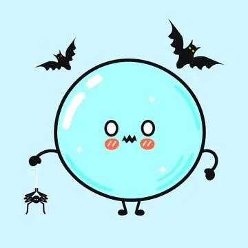 A cute, cartoon bubble character with a spider and bats for Halloween. Stock Illustration