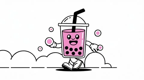 Cute cartoon bubble tea walking through clouds. Stock Footage 316842249