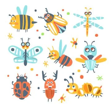 Cute cartoon bugs set. Funny insects colorful cartoon characters Stock Illustration