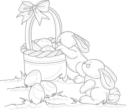 Cute cartoon bunnes with Easter eggs in basket template sketch. Stock Illustration