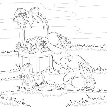 Cute cartoon bunnes with Easter eggs in basket graphic template sketch. Stock Illustration