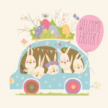 Cute cartoon bunnies driving a car with easter eggs Stock Illustration