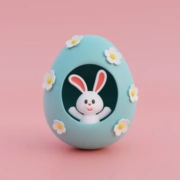 Cute cartoon bunny and easter eggs isolated on pink background. Happy Easte.. Stock Illustration