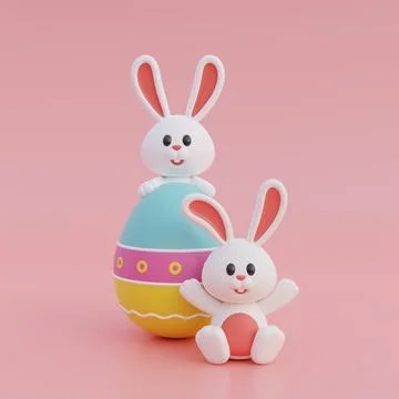 Cute cartoon bunny and easter eggs isolated on pink background. Happy Easte.. Stock Illustration