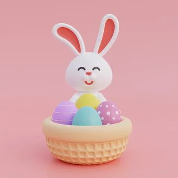 Cute cartoon bunny and easter eggs isolated on pink background. Happy Easte.. Stock Illustration