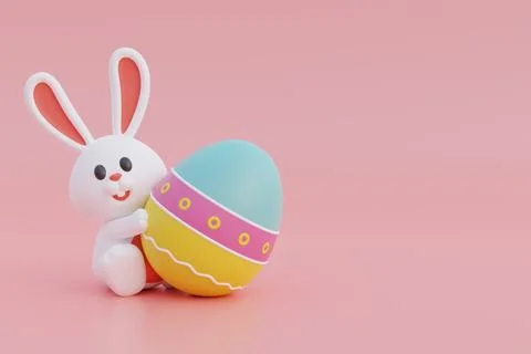 Cute cartoon bunny and easter eggs isolated on pink background. Happy Easte.. Stock Illustration