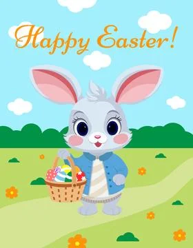 Cute cartoon bunny with a basket of Easter eggs on a spring meadow Stock Illustration