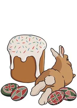 Cute cartoon bunny easter cake and rabbit on a white background. easter, spring  Stock Illustration