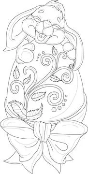 Cute cartoon bunny with Easter egg with bow template sketch. Stock Illustration