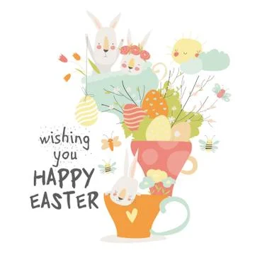 Cute cartoon bunny with Easter eggs and flowers Stock Illustration