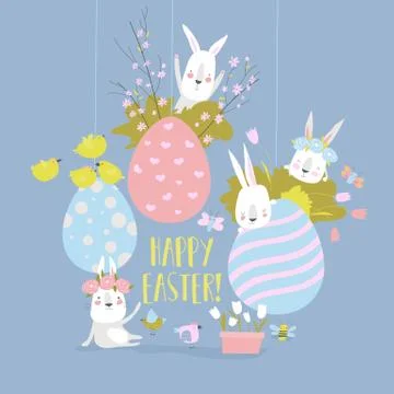 Cute cartoon bunny with Easter eggs and flowers Stock Illustration