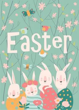 Cute cartoon bunny with Easter eggs and flowers Stock Illustration