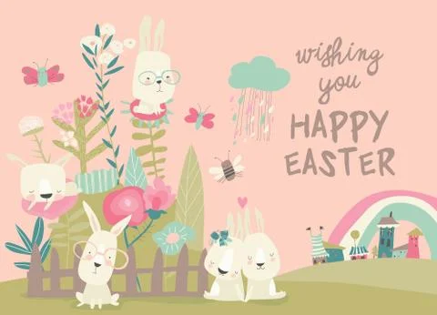 Cute cartoon bunny with Easter eggs and flowers Stock Illustration