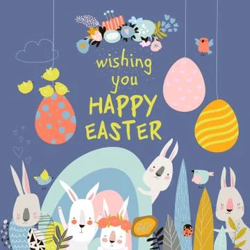 Cute cartoon bunny with Easter eggs and flowers Stock Illustration