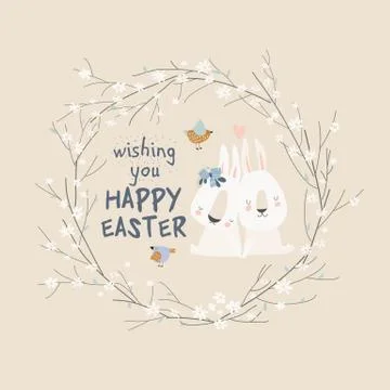 Cute cartoon bunny with Easter eggs and flowers Stock Illustration