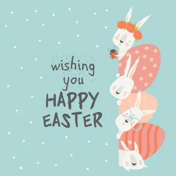 Cute cartoon bunny with Easter eggs, happy holiday Stock Illustration